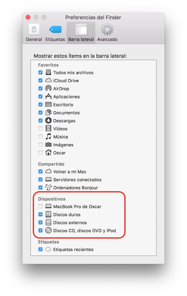 Mac OS X Preferencias Finder compartir Dispositivos