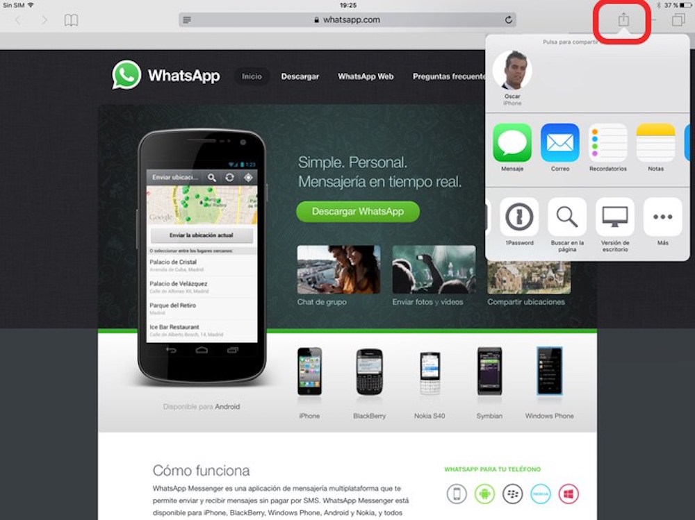Whatsapp iPad Menu compartir