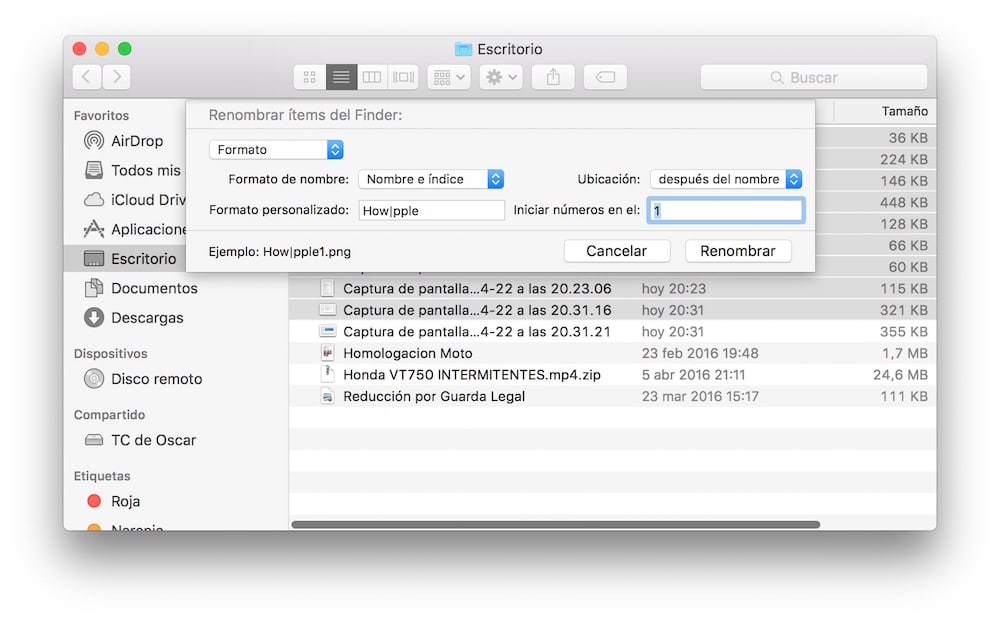 Renombrar archivos OS X Pantalla Ajuste