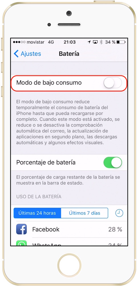iOS Ajustes Batería Modo bajo consumo-Howpple