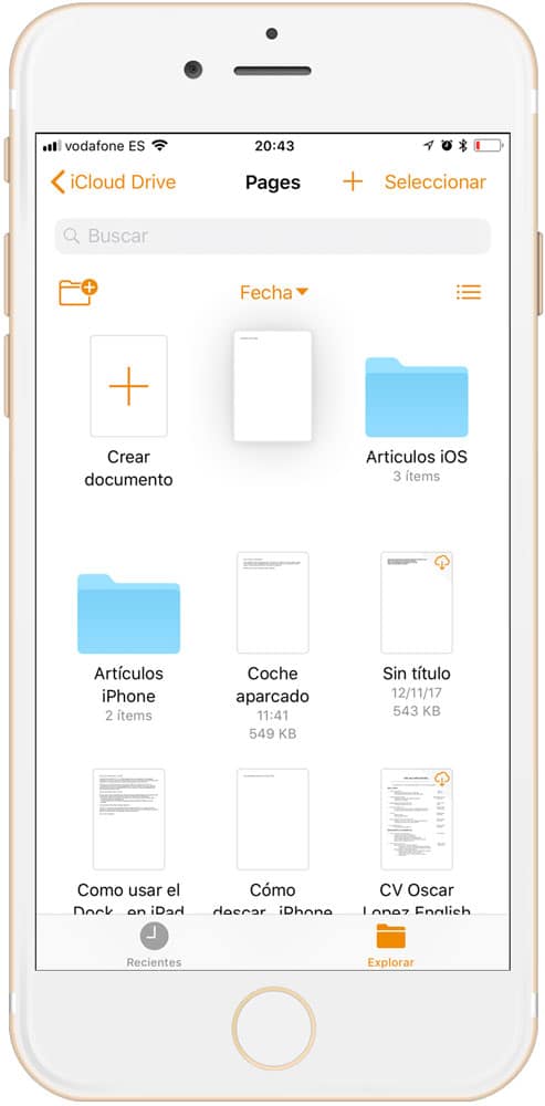 Mantener pulsado sobre el archivo para menú emergente y renombrar archivo en Pages para iOS