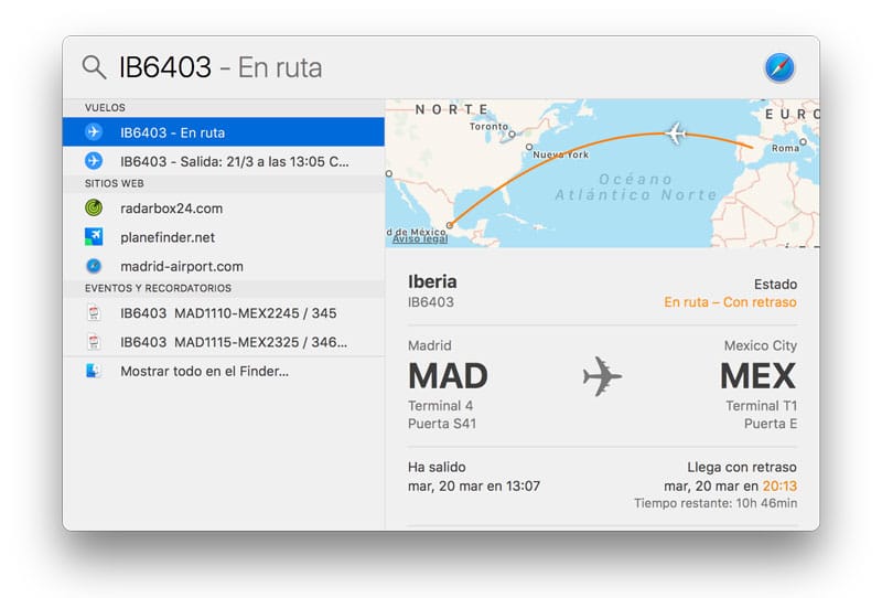 Cómo usar Spotlight en Mac para ver la información de un vuelo-info vuelos