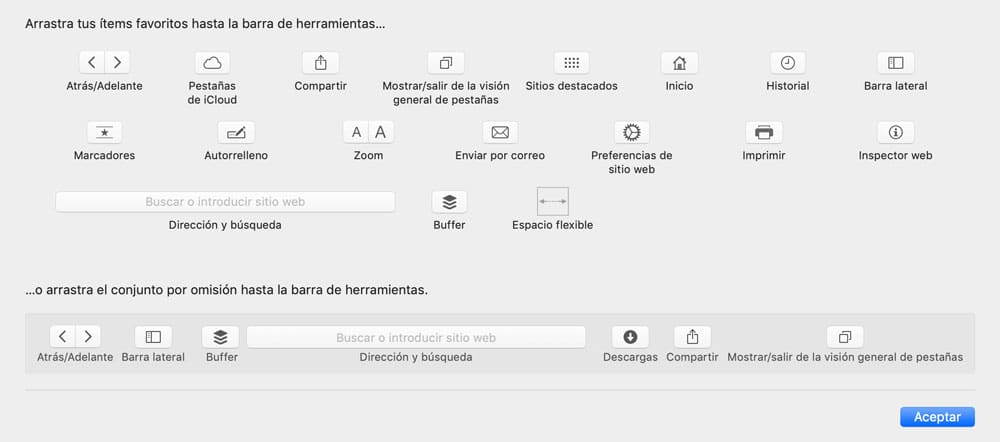 Cuadro de personalización de la barra de herramientas Safari para más