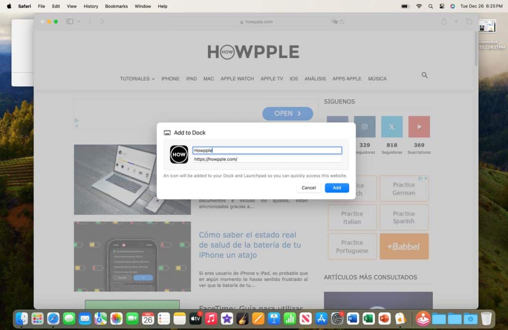Menú personalización Dock de nuestro Mac